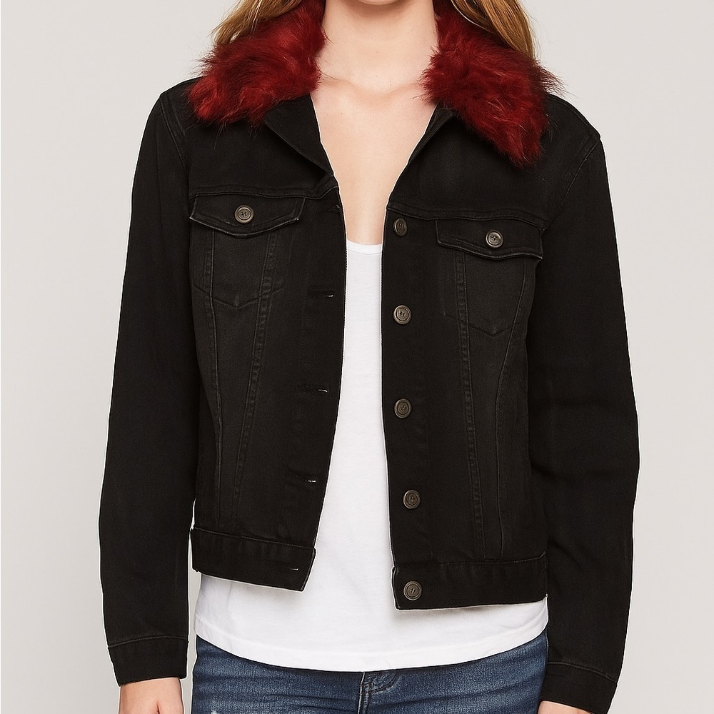 Love Tree Denim Jacket Black Red Fur Collar Removable Casual Fall Vibes - Picture 2 of 11